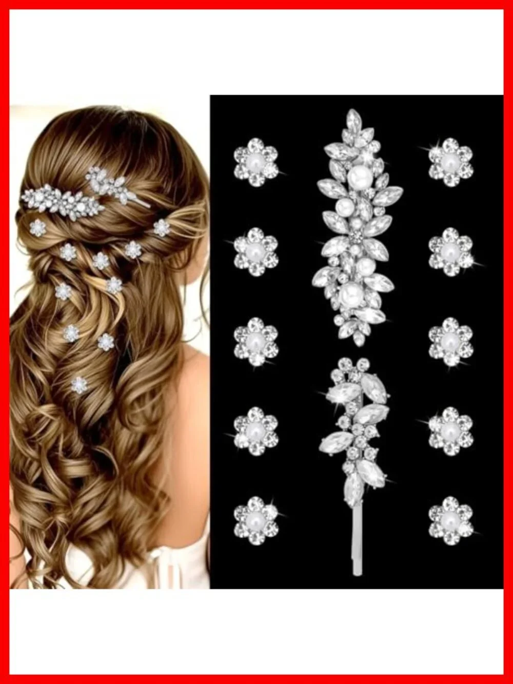 12 Rhinestone Pearl Hair Clips Set - Bride Bridesmaid Prom Alligator Clips